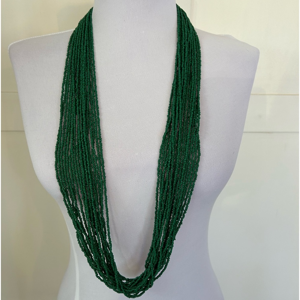 Multi-strand Green Seed Bead Necklace Silver Tone clasp